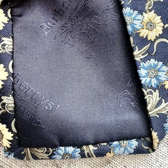 Vintage Burberrys Tie. Blue and Gold Flower Design. All Silk. Made By Hand. EUC.